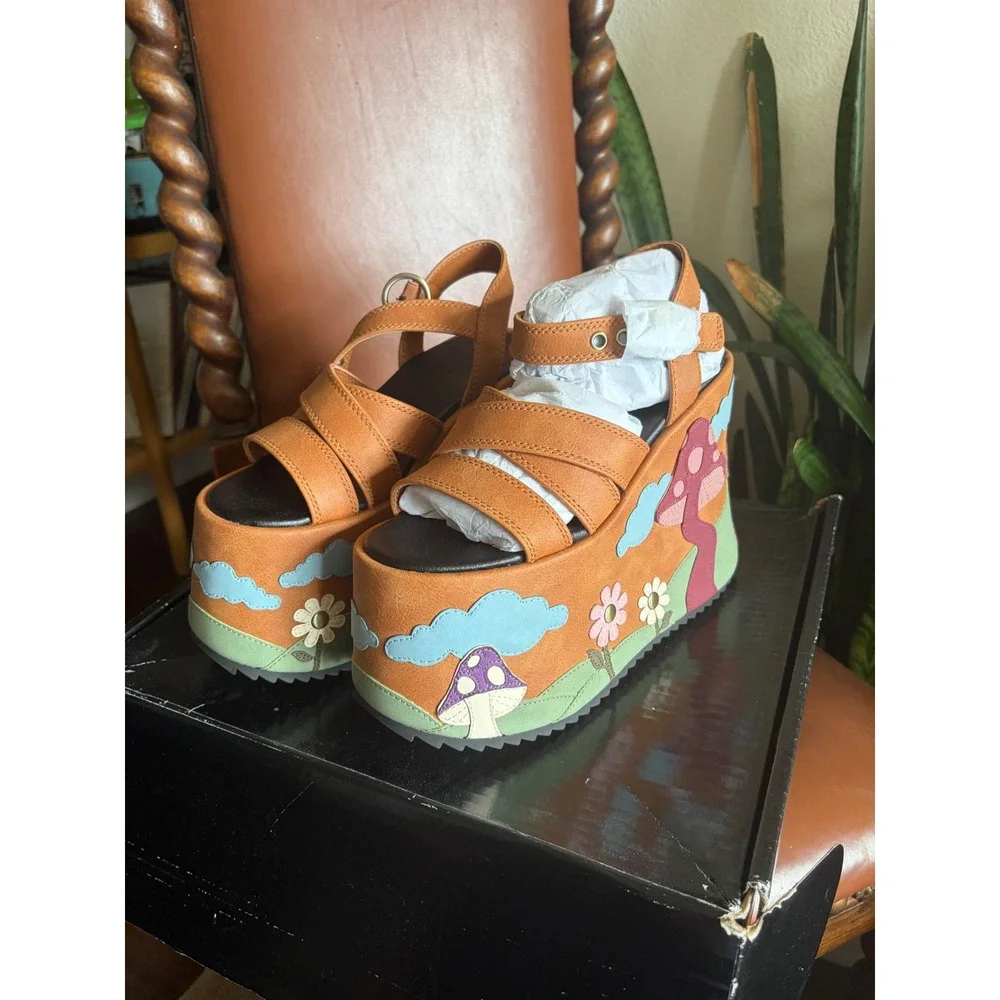 Dolls Kill Sugar Thrillz Magic Meadowland Mushroom Platform Sandals Tan